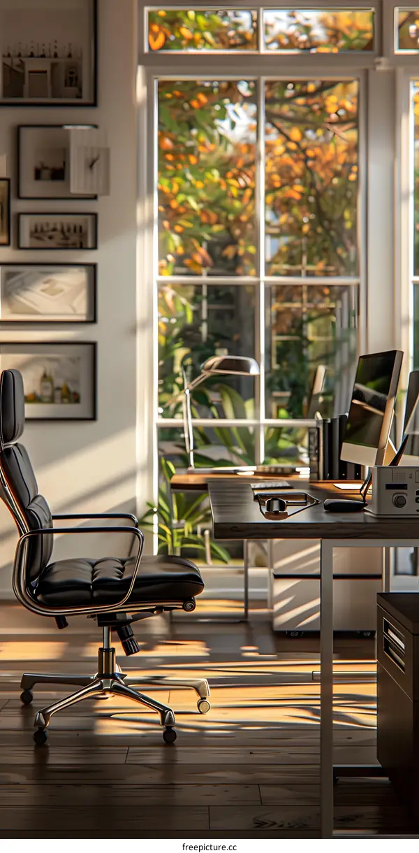 Modern Home Office With Large Window and Desk