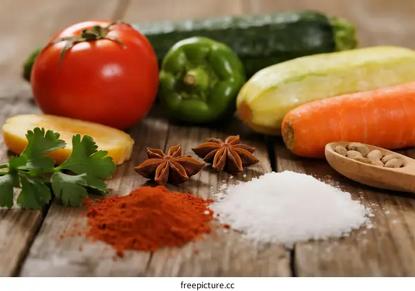 Fresh vegetables and spices on wooden table for cooking