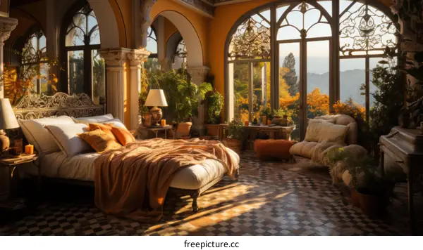 European luxury bedroom interior with a large bed, plants, and a view of the mountains