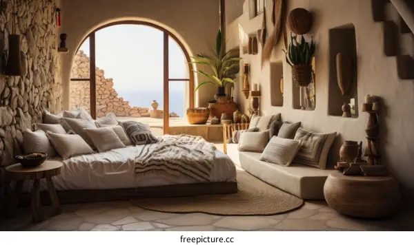 Modern bohemian bedroom with a stunning ocean view