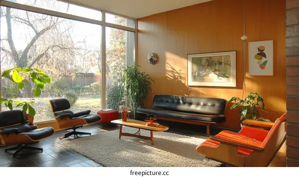 Mid-Century Modern Living Room with Large Windows