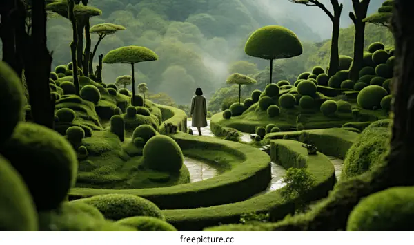 Woman Exploring a Topiary Garden