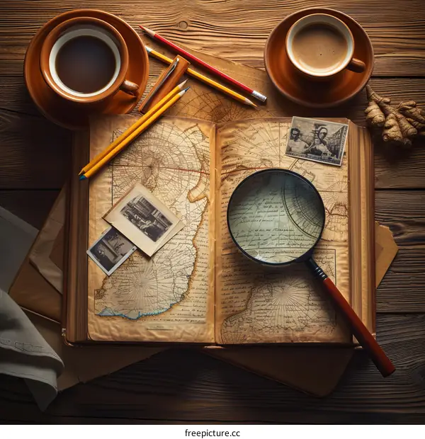 An open book with a magnifying glass, pencils, and two cups of coffee on a wooden table