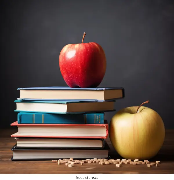 A stack of books with two apples