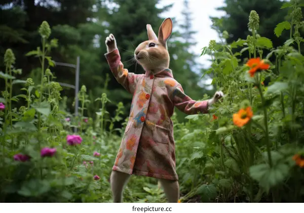 A rabbit wearing a floral coat is standing in a field of flowers