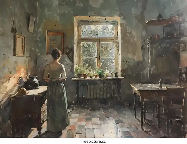 A woman standing in a kitchen looking out the window