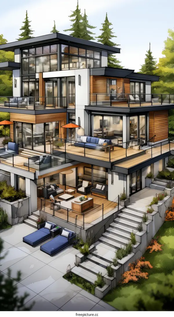 Modern luxury house with large windows and a pool