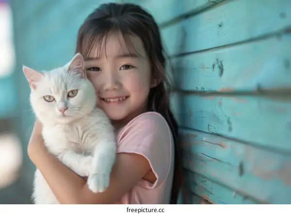 An adorable Asian little girl hugging a white cat with blue eyes