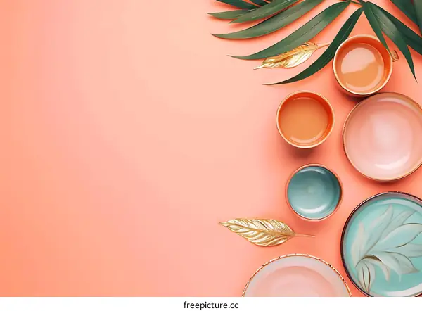 Top View Flat Lay of Colorful Dishes and Palm Leaves on Peach Background