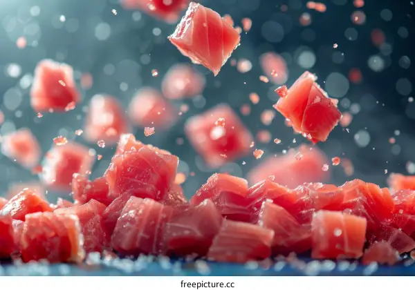 Raw tuna sashimi pieces falling down