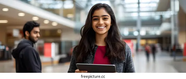 Smiling Indian Woman Holding Tablet in a Modern Building