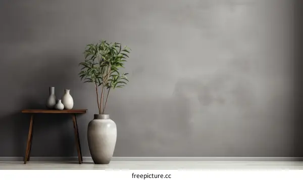 A stylish living room with a large plant in a vase and a wooden table with vases on it