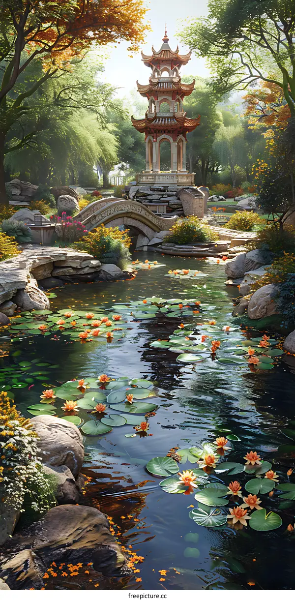 Chinese Garden with Pagoda and Water Lilies