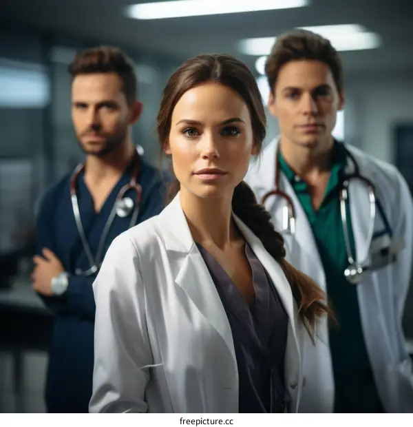 Three doctors in white coats posing in a hospital