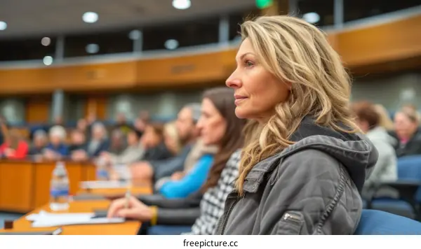 A blonde woman in a grey jacket sits in a conference room with many people.