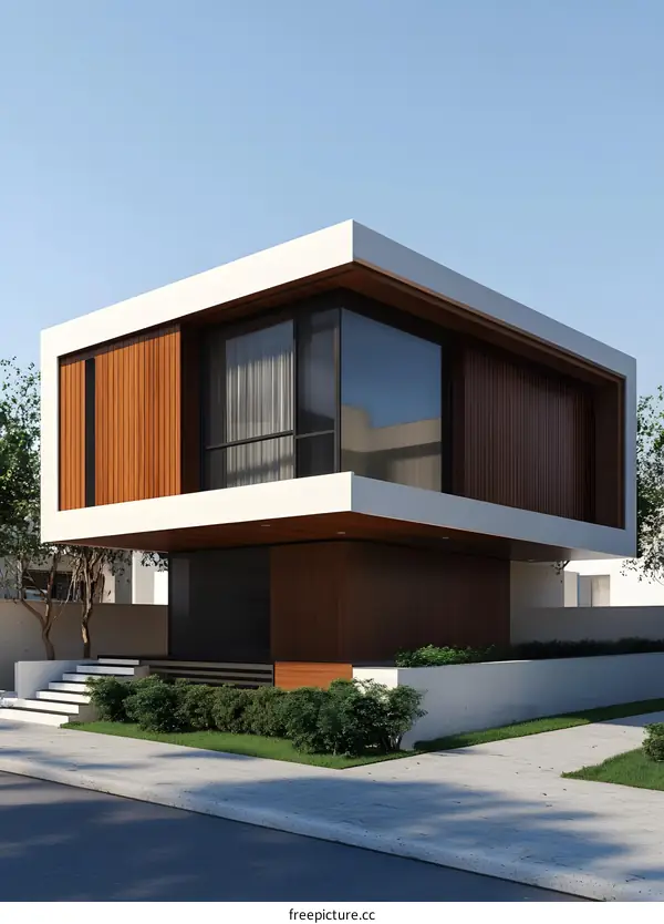 Modern House with Wooden Facade and Large Windows