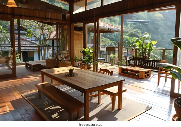 Modern Wooden House with Large Windows and Balcony Overlooking Green Nature