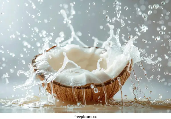 Coconut water splashing out of a coconut