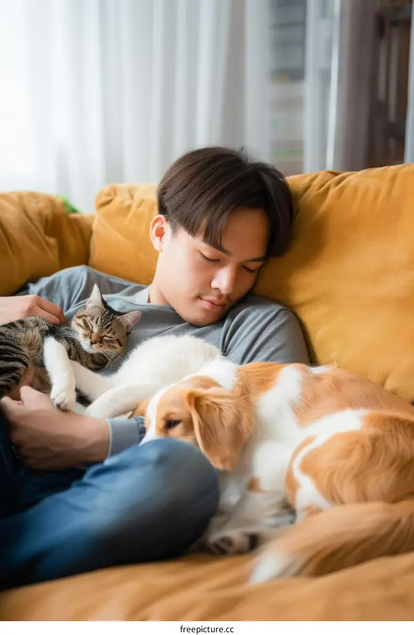 A man is sleeping on the couch with a cat and a dog