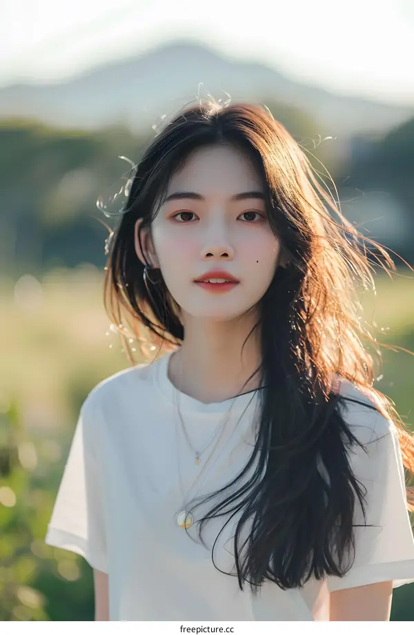 Portrait of Young Asian Woman with Long Hair and White Shirt in a Grassy Field