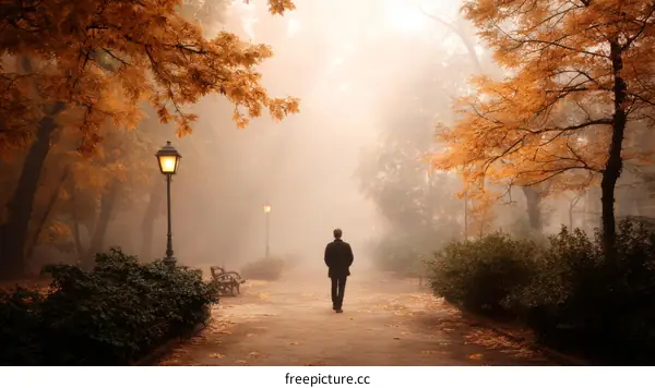Autumn Foggy Park Path with Person Walking