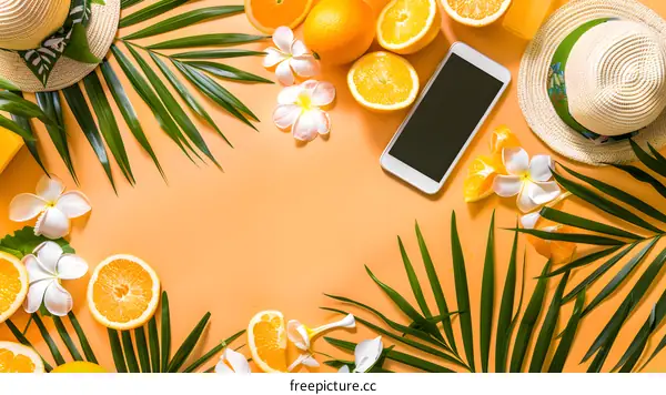 Tropical Summer Background with Orange Slices, Palm Leaves, Flowers and Phone