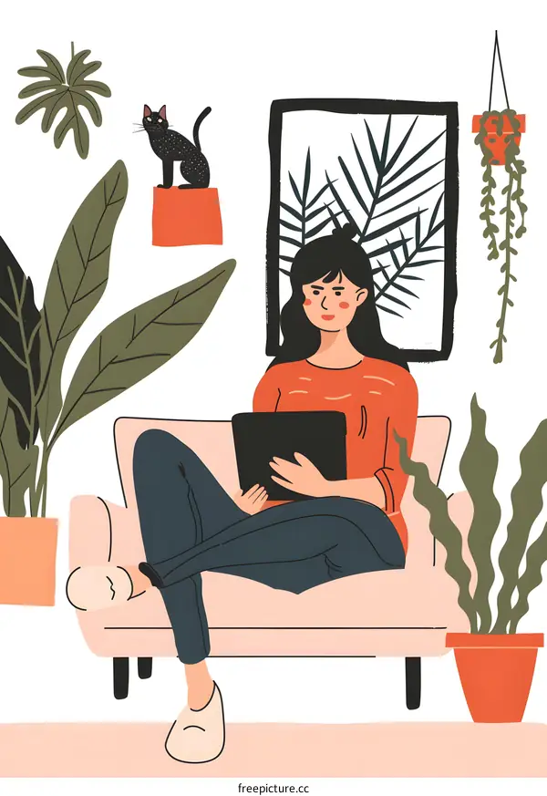 Woman Relaxing on Couch with Tablet and Cat