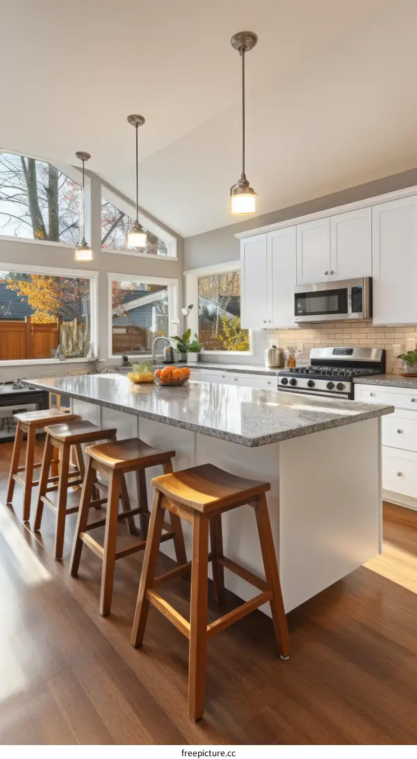 Kitchen Island With Seating And Large Windows