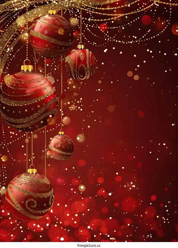 Red and gold Christmas ornaments hanging from a gold ribbon against a red background with a subtle radial gradient and falling snowflakes.