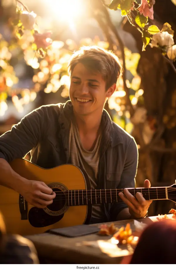 Young man playing guitar outdoors