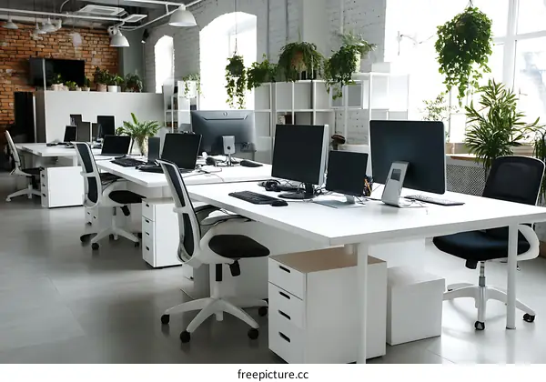 Modern Open-Plan Office Space with Plants