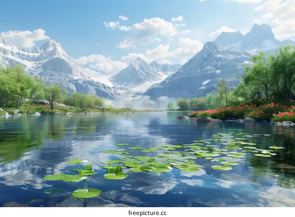 Tranquil Alpine Lake with Snow-Capped Peaks