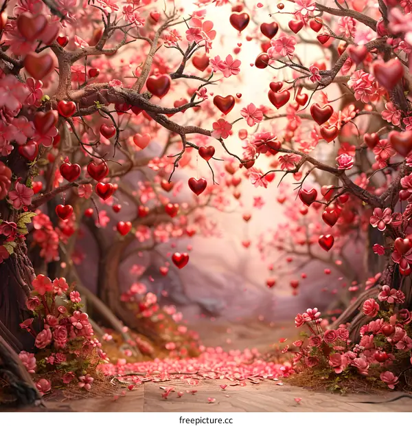 A pink peach forest with pink cherry blossoms