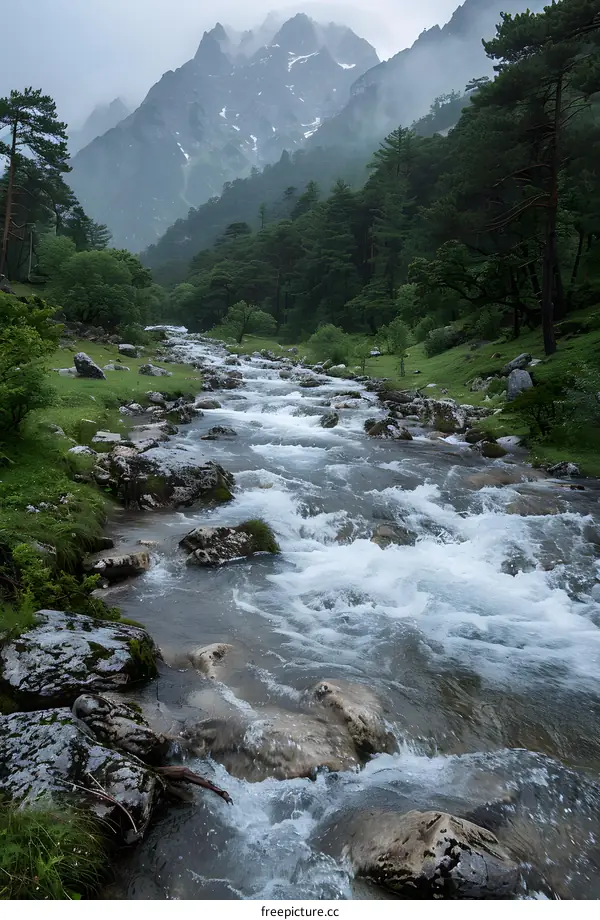 Mountain river in a valley with green trees and rocks in the foreground