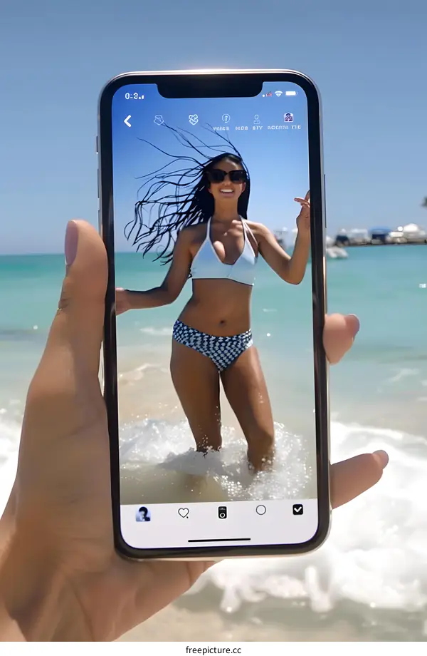 Woman In Bikini On Beach Holding Up Phone With Photo Of Herself