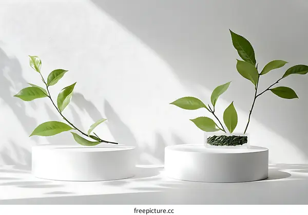 Fresh Green Tea Leaves on a White Display