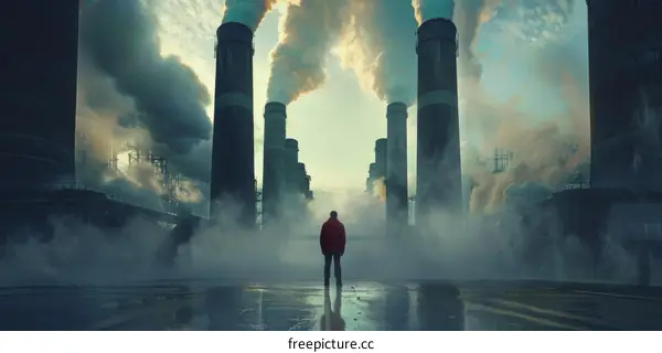 Man standing in front of an industrial building with smoke coming out of the smokestacks