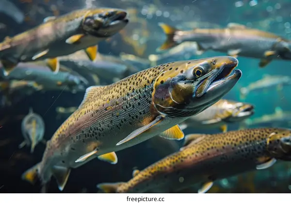 A school of fish swims in the ocean.