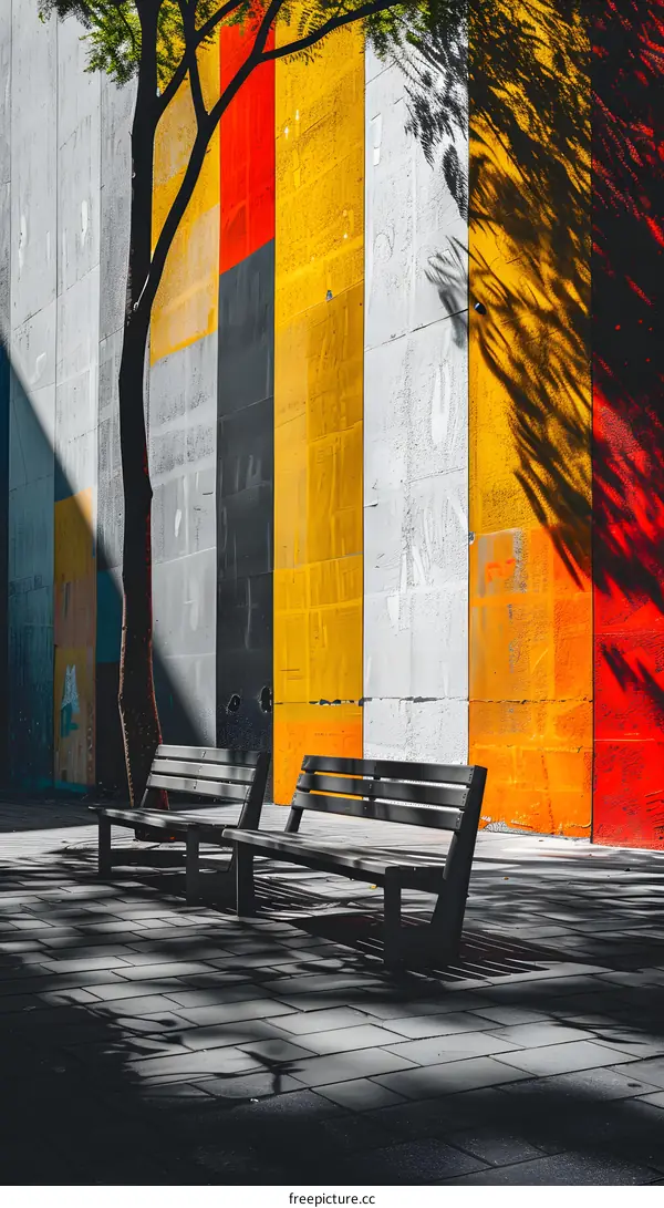 Two Benches in Front of a Colorful Wall