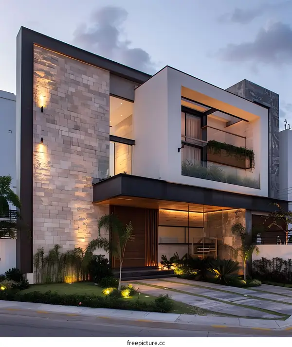 Modern Minimalist Home with Stone Facade and  Landscaping