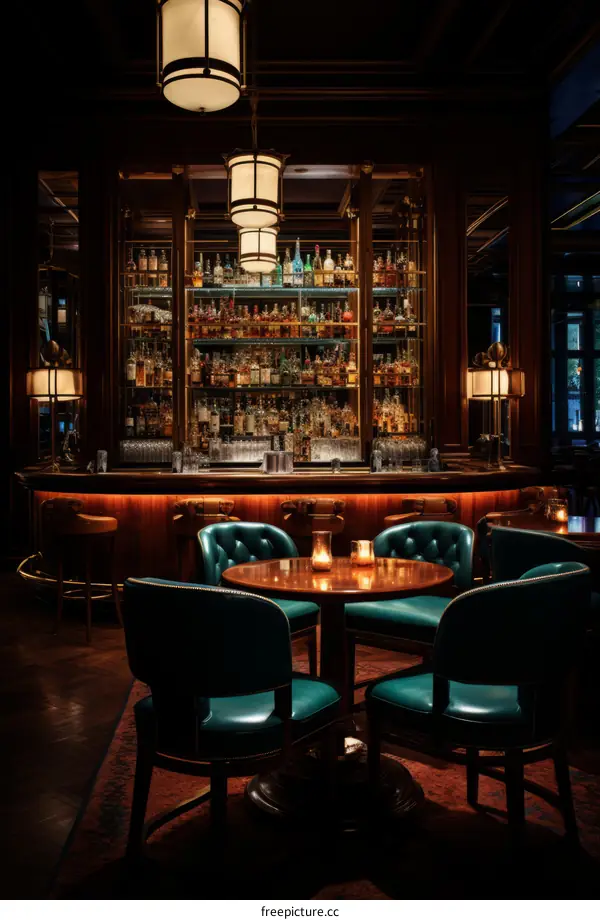 Elegant Dark Wood Bar with Green Leather Chairs