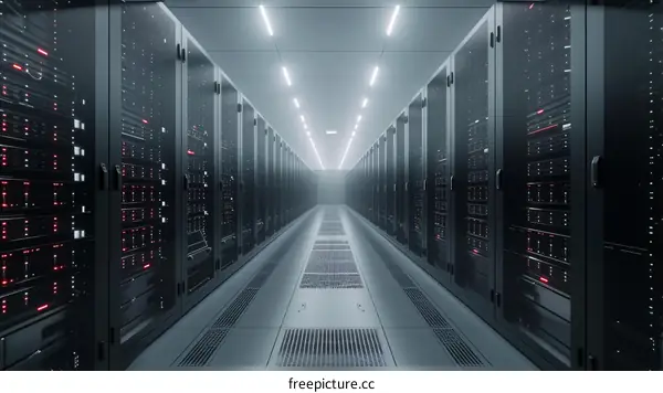 Server room with rows of server racks. 3D rendering