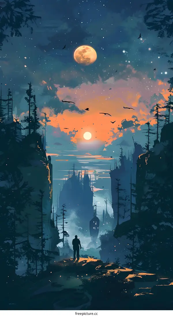 Silhouette of a Man Standing in a Forest with a Moon and Stars in the Sky