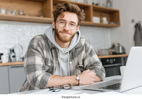 Young Man Working at Home in Kitchen