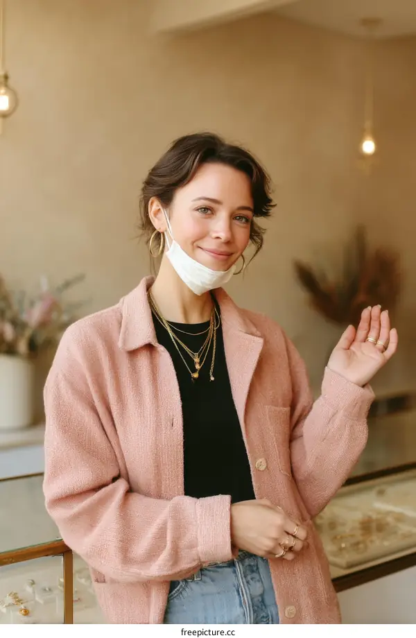 Woman in a Pink Jacket in a Jewelry Store