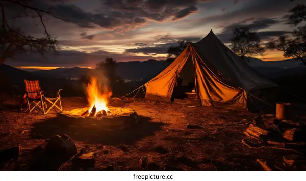 Camping under the stars with a bonfire and a tent