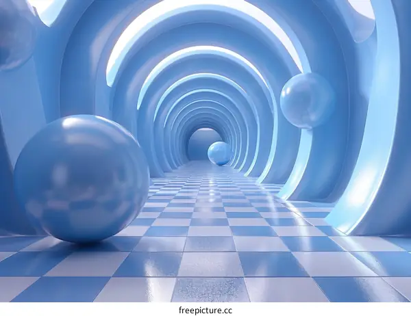 Blue and White Checkered Hallway with Bright Spheres
