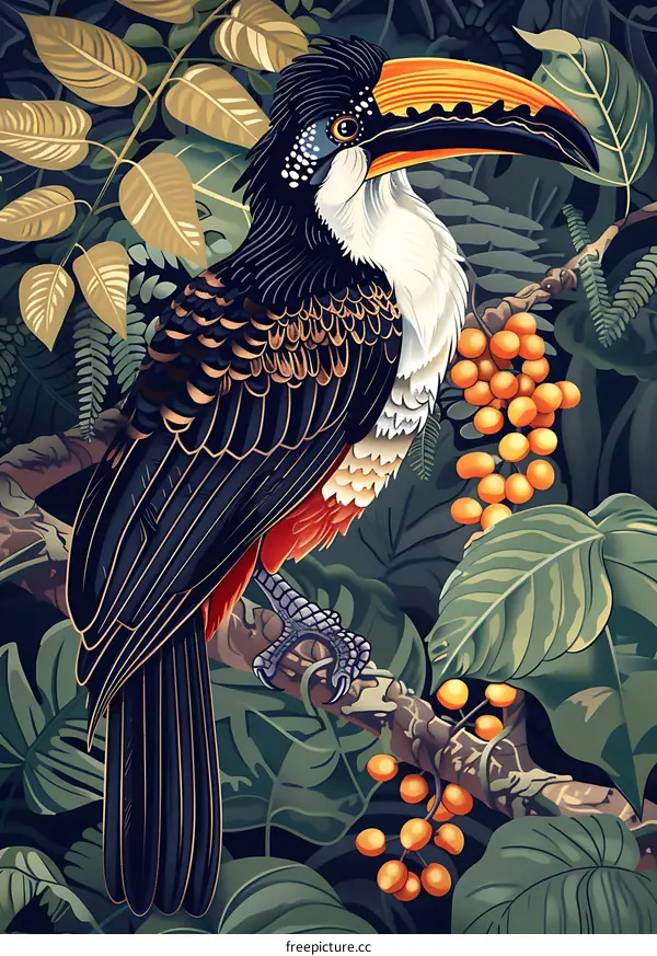 Tropical Rainforest Bird with Orange Beak Illustration