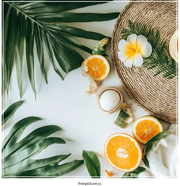 Tropical Summer Fruit Background With Orange Slices and Leaves