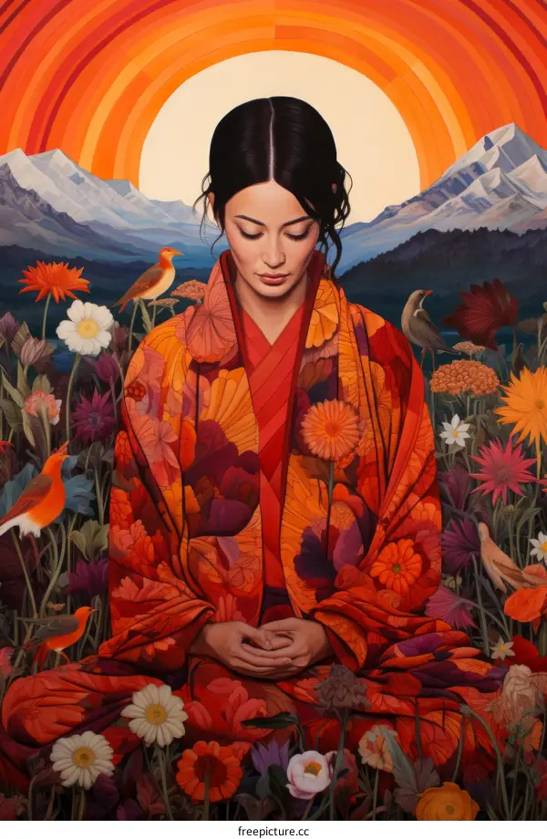 Woman in Red Floral Kimono Meditating in a Field of Flowers